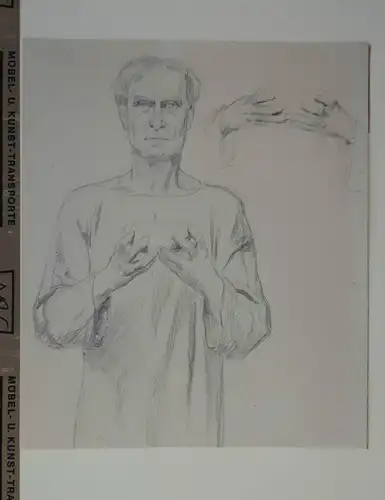 Pencil drawing representing a priest, with a study for two hands holding a bowl