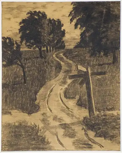 Drawing, pencil on paper representing a crossroad in the coutryside