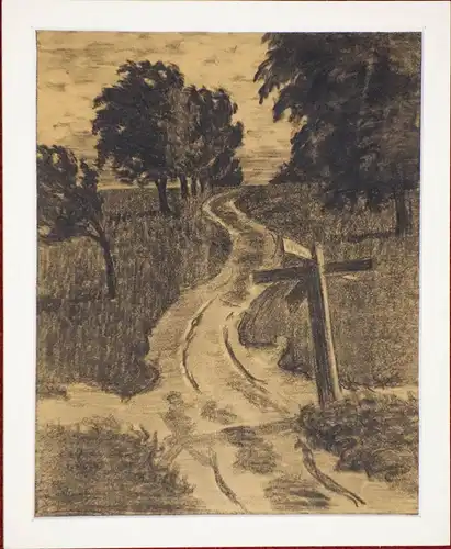 Drawing, pencil on paper representing a crossroad in the coutryside
