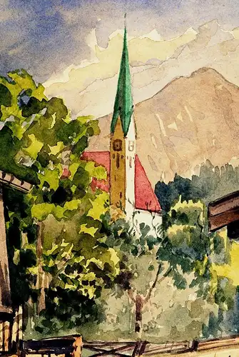 Aquarell,sign.: G.Kauschke,München, alpenländische Kirche vor Gebirgsmassiv