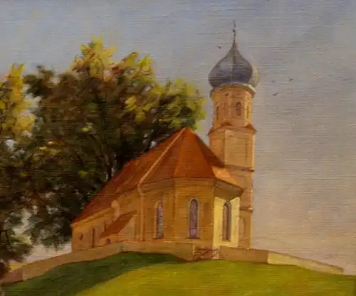 Ölbild,bay.Kirche,freistehend auf Hügel,Holzhausen,Starnbergersee,sign.A.Neger