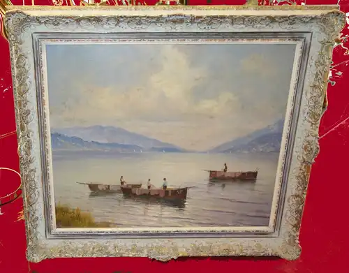 Ölbild,Fischer auf dem See,Gebirge im Hintergrund.,Stuckrahmen,ca 1930
