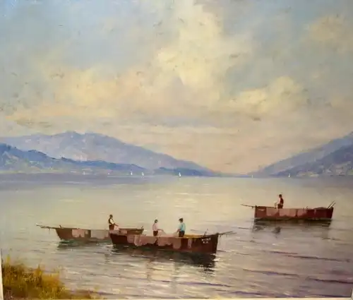 Ölbild,Fischer auf dem See,Gebirge im Hintergrund.,Stuckrahmen,ca 1930