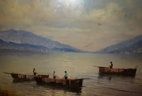 Ölbild,Fischer auf dem See,Gebirge im Hintergrund.,Stuckrahmen,ca 1930