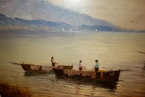 Ölbild,Fischer auf dem See,Gebirge im Hintergrund.,Stuckrahmen,ca 1930