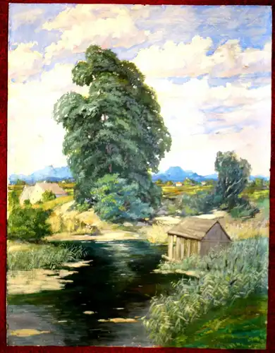 Tempera,Voralpen-Landschaft mit Weiher,Gehöft und Baum,Anfang 20.Jhdt,deutsch