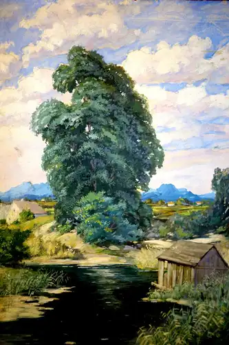 Tempera,Voralpen-Landschaft mit Weiher,Gehöft und Baum,Anfang 20.Jhdt,deutsch