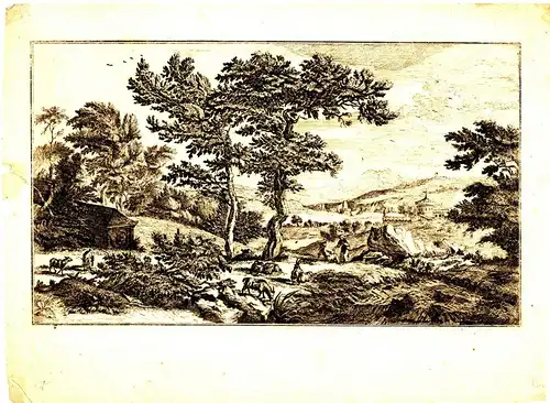 Grafik,Kupferstich,18.Jhdt,Landschaft mit Ziegen u.Hirten,Burgen im Hintergrund