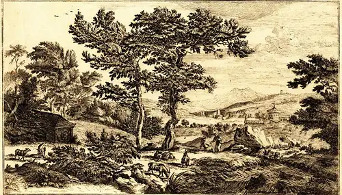 Grafik,Kupferstich,18.Jhdt,Landschaft mit Ziegen u.Hirten,Burgen im Hintergrund