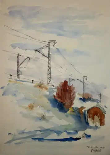 Aquarell,W.Ulrich,1965, Bahndamm im Winter