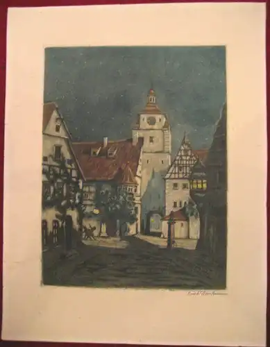Farb-Radierung,Fritz Hartmann,Rothenburg,Stadt bei Nacht