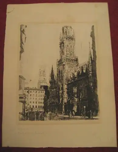 Radierung,V. Schulz,Rathaus in München,Zwiebeltürme,Marienplatz,37/250