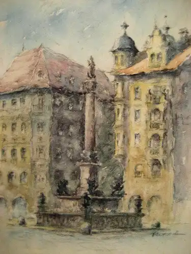 Aquarell,München,Marienplatz,Mariensäule, Künstler, Fred Joachim Dietrich