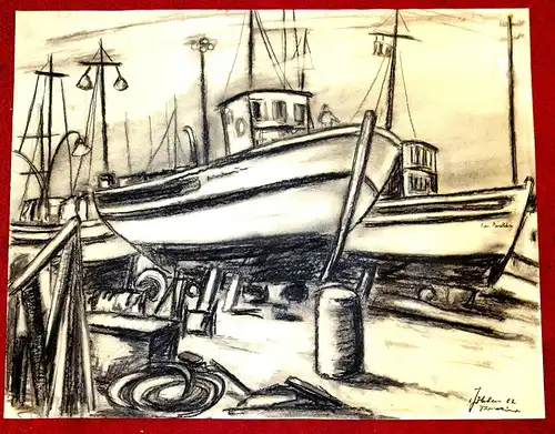 Zeichnung auf Papier,Zeichnung,Mischtechnik,Hafenszene,Schiffe auf Böcken,1962