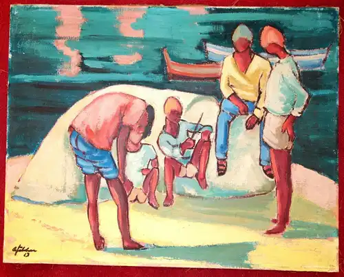 Ölbild,junge Männer am Hafen,Öl auf Leinwand,signiert,1963