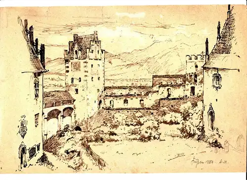 Tuschfederzeichnung,Sepia,Schloss,Burg,Füßen ,1884,A.Holmberg,Monogrammiert