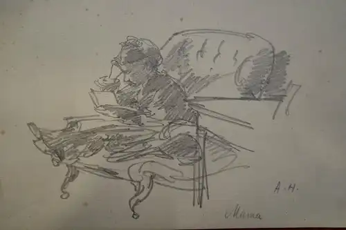 Bleistiftzeichnung,Skizze,August Holmberg,"Mama lesend auf dem Sofa"