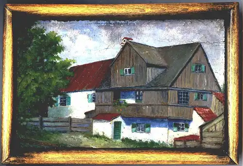 Ölbild,Holzplatte,bemalt,Bauernhaus,1900