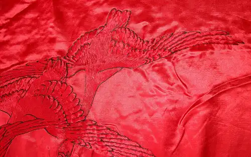 Seidenbehang,rot,bestickt,Vögel,China