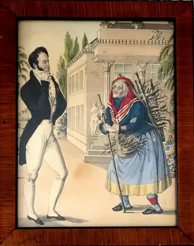 Lithografie,koloriert,Edelmann betrachtet Holzsammlerin,um 1800