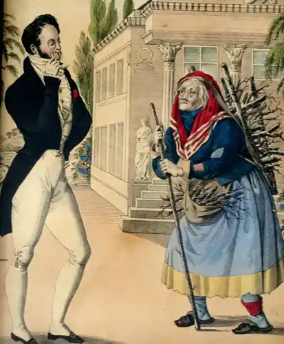 Lithografie,koloriert,Edelmann betrachtet Holzsammlerin,um 1800