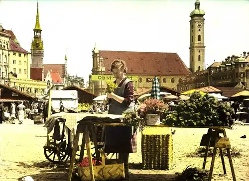 München,Viktualienmarkt,Große Fotografie,koloriert,ca.1920