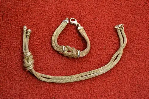 Halskette und Armband, 925er Silber, geflochten, 62 Gramm