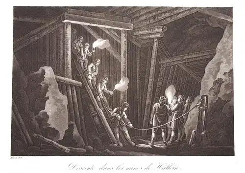 Aquatintablatt, Einfahrt ins Salzbergwerk Hallein, etwa 1840