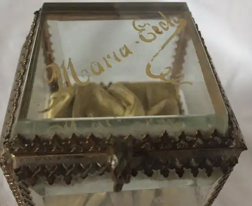 Kleines Souvenir-Schmuckkästchen Glas und Messing mit Beschriftung „Maria Eich"