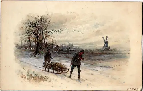 Aquarell,Holzsammler im Winter auf dem Heimweg,England um 1920