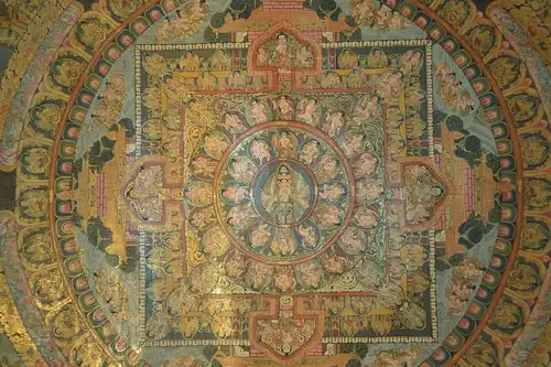 Vintage Thangka Mandala Handgemälde Buddhist,Tibet? 19.Jhdt.Seide ,Leinwand