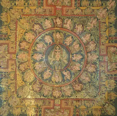 Vintage Thangka Mandala Handgemälde Buddhist,Tibet? 19.Jhdt.Seide ,Leinwand