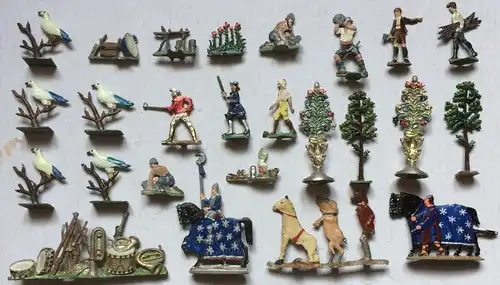 25 Zinnfiguren verschiedene Motive, Pflanzen, Zirkustiere, Vögel, Instrumente,