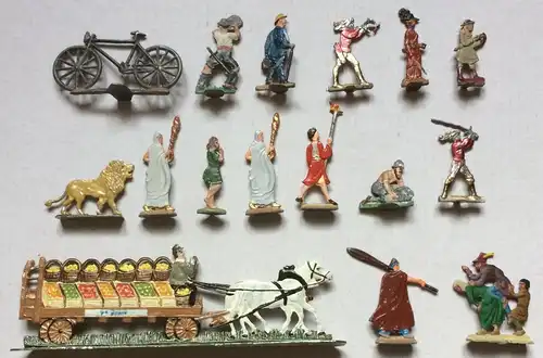 16 Zinnfiguren verschiedene Motive, historische Gewänder, Fahrrad Pferdefuhrwerk