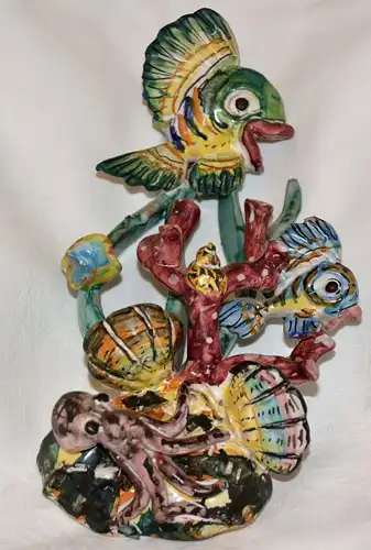 Keramikskulptur,Italien,Fische,Muscheln u.Oktopus,polychrom glasiert