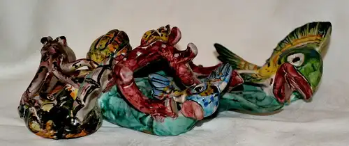 Keramikskulptur,Italien,Fische,Muscheln u.Oktopus,polychrom glasiert