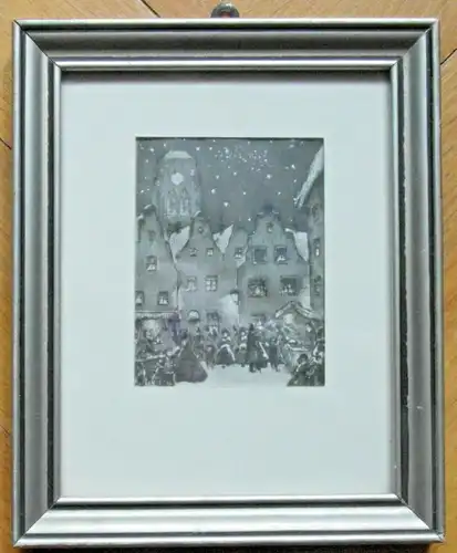 Lithographie„Abendlicher Weihnachtsmarkt“ im Passepartout, gerahmt