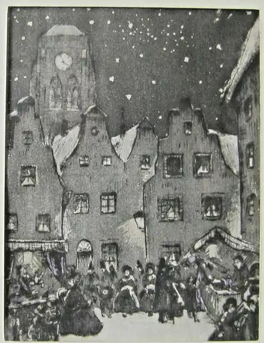 Lithographie„Abendlicher Weihnachtsmarkt“ im Passepartout, gerahmt