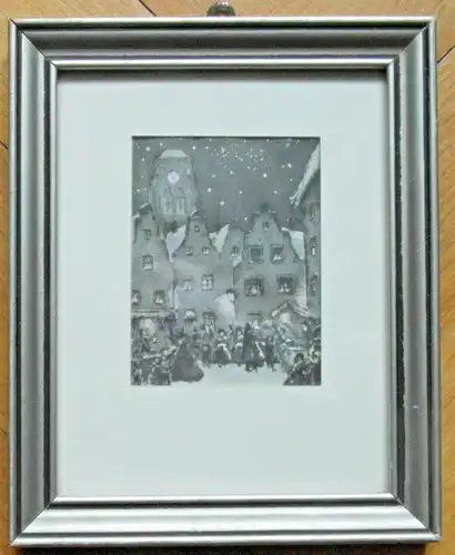 Lithographie„Abendlicher Weihnachtsmarkt“ im Passepartout, gerahmt