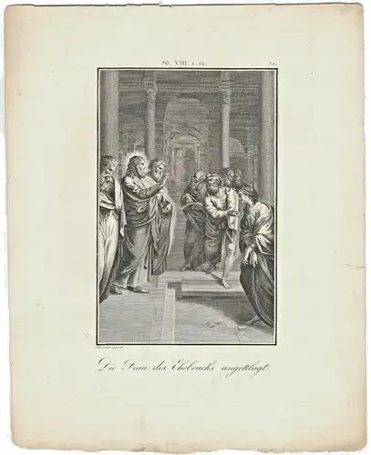 Kupferstich „Die Frau des Ehebruchs angeklagt“ von Charles Louis Schuler 1810
