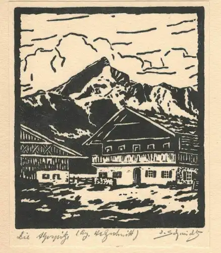 Original-Holzschnitt „Die Alpspitze“ signiert „J. Schmidt“