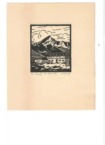 Original-Holzschnitt „Die Alpspitze“ signiert „J. Schmidt“