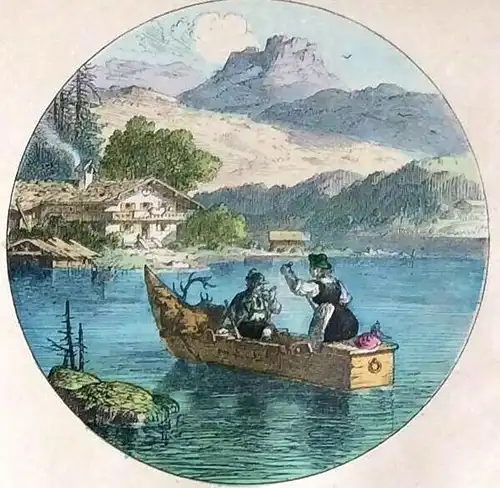 Colorierter Holzstich mit 8 Scheibenbildern im Passepartout, ca. 1880