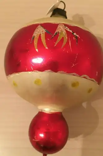 Baumschmuck,Weihnachten, Kugel, rot-silber, bemalt,Glas,ca.1960,zum Aufhängen
