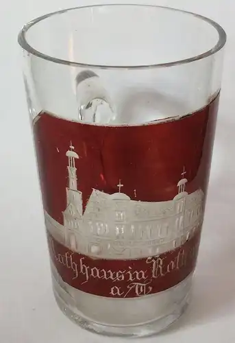 Kleines rubiniertes Glas mit Henkel, Reisesouvenir aus Rothenburg ob der Tauber