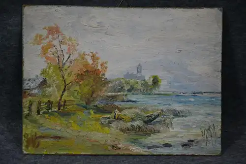Ölbild auf Karton, Uferlandschaft mit Fischerboot, unbek. Maler