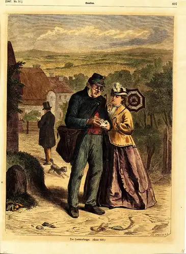 Holzschnitt,koloriert,Landbriefträger,1867,Buchseite,sehr schön