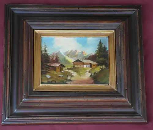 Ölbild auf Holz, Alpenlandschaft, Romus, etwa 1930, schöner Rahmen