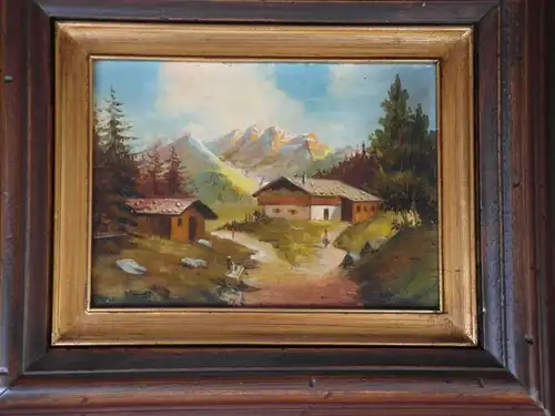 Ölbild auf Holz, Alpenlandschaft, Romus, etwa 1930, schöner Rahmen