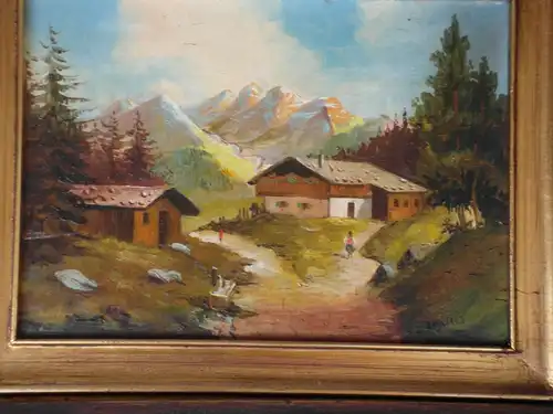 Ölbild auf Holz, Alpenlandschaft, Romus, etwa 1930, schöner Rahmen